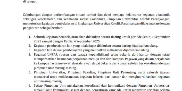 Kondisi Bandung Tak Aman, UNPAR Terapkan Kuliah Daring
